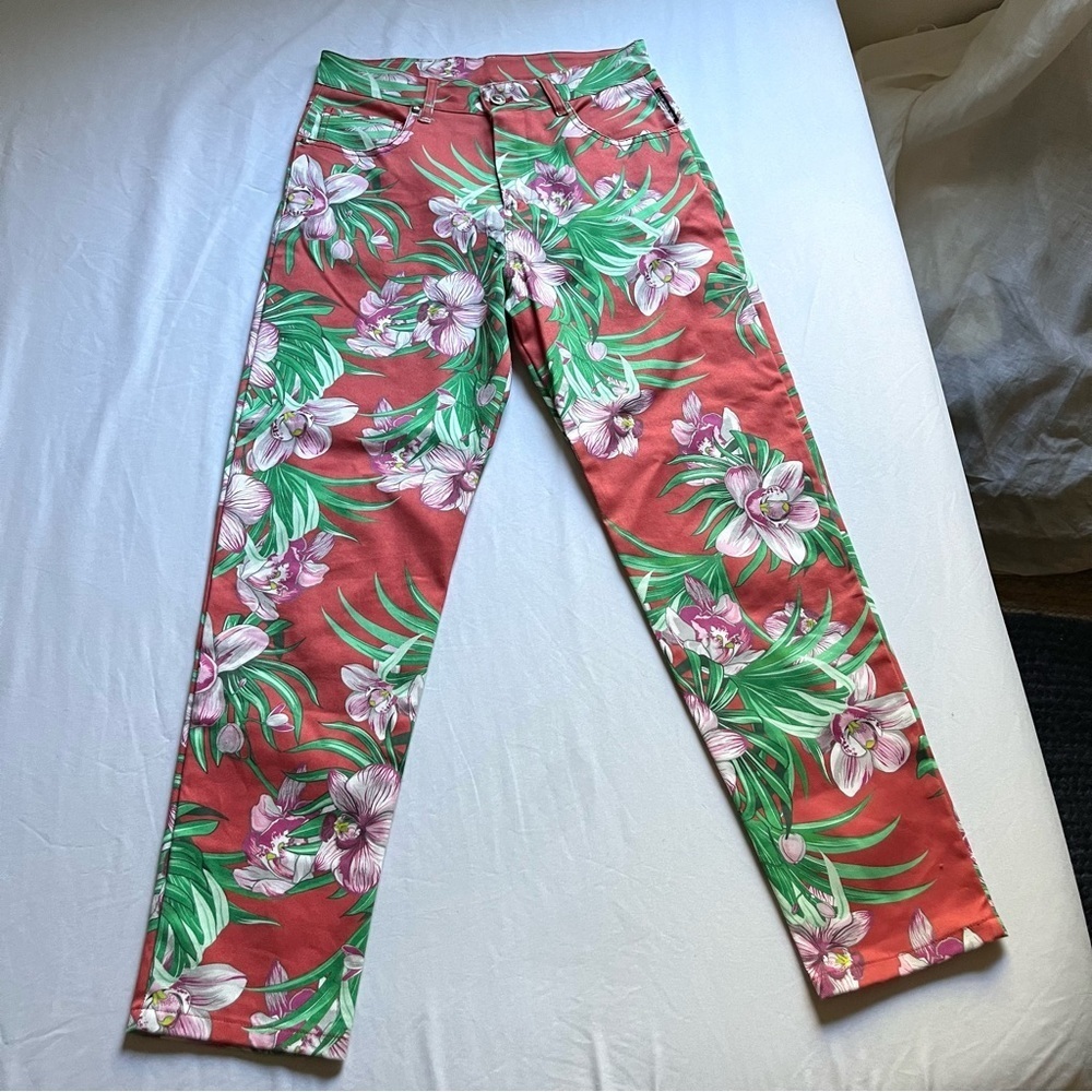 MARCO BOLOGNA‎ red floral tropical print denim slim leg pants jeans